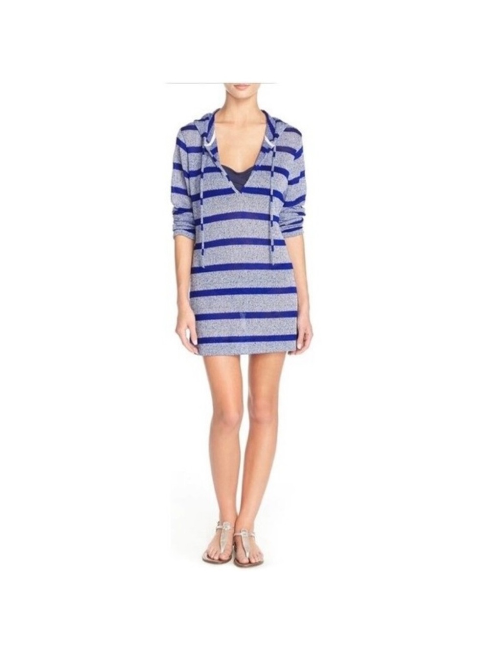 La Blanca High Tides Slouchy Hooded Sweater Swim Cover-Up Tunic Blue Stripe Sz S
